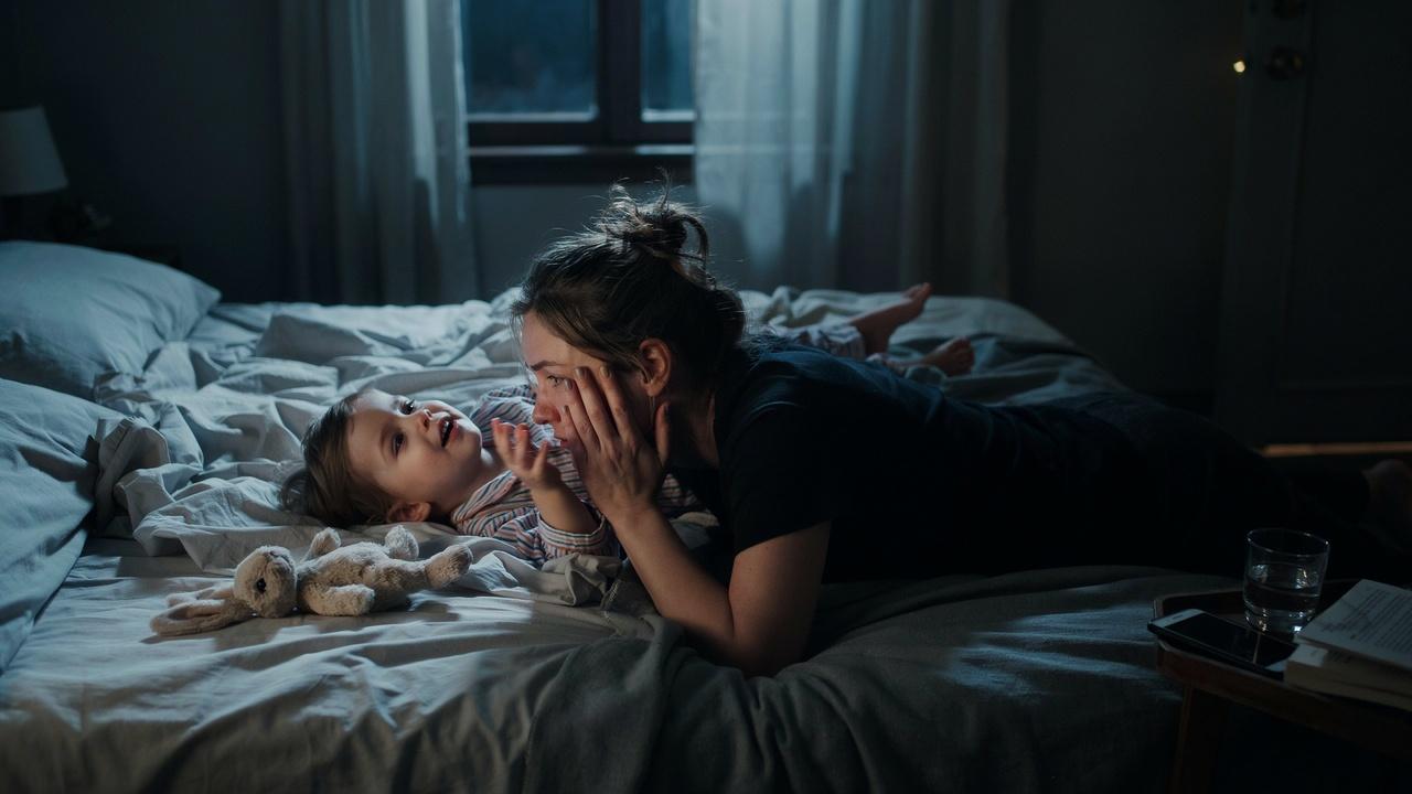 A tired mother lying on a bed at night talking to a chattering toddler with stuffed animals nearby.