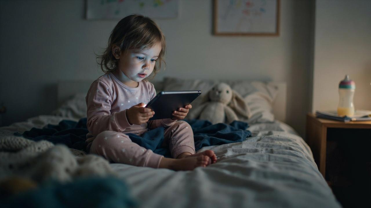 A toddler watching some content on the tablet screen in a dimly lit room close to bedtime at home.