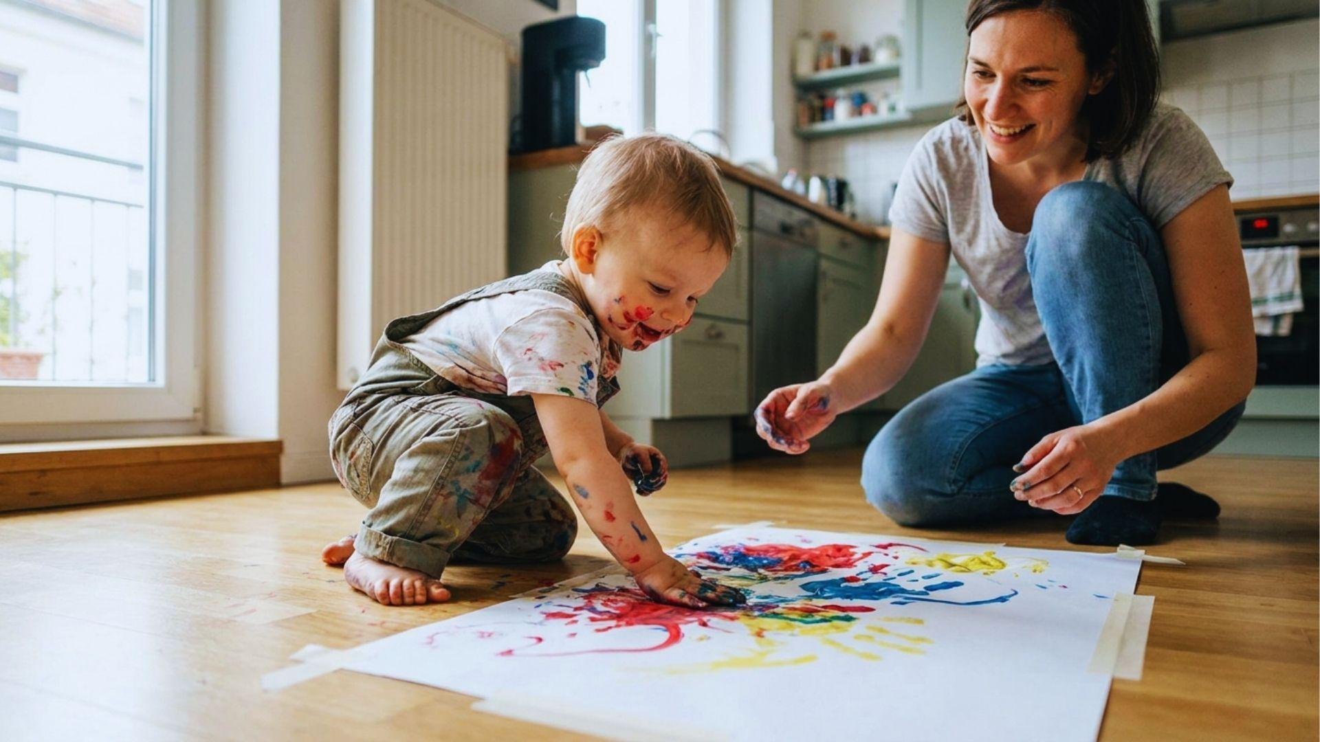 Toddler finger painting safely with colorful baby-safe washable paints.