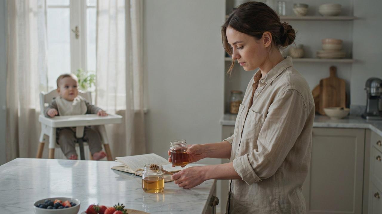 Parent comparing maple syrup and honey choices for a baby's diet.