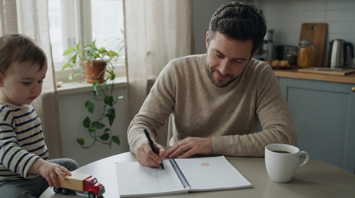 A father writing a toddler nap schedule in a notebook at a kitchen table with a toddler playing nearby.