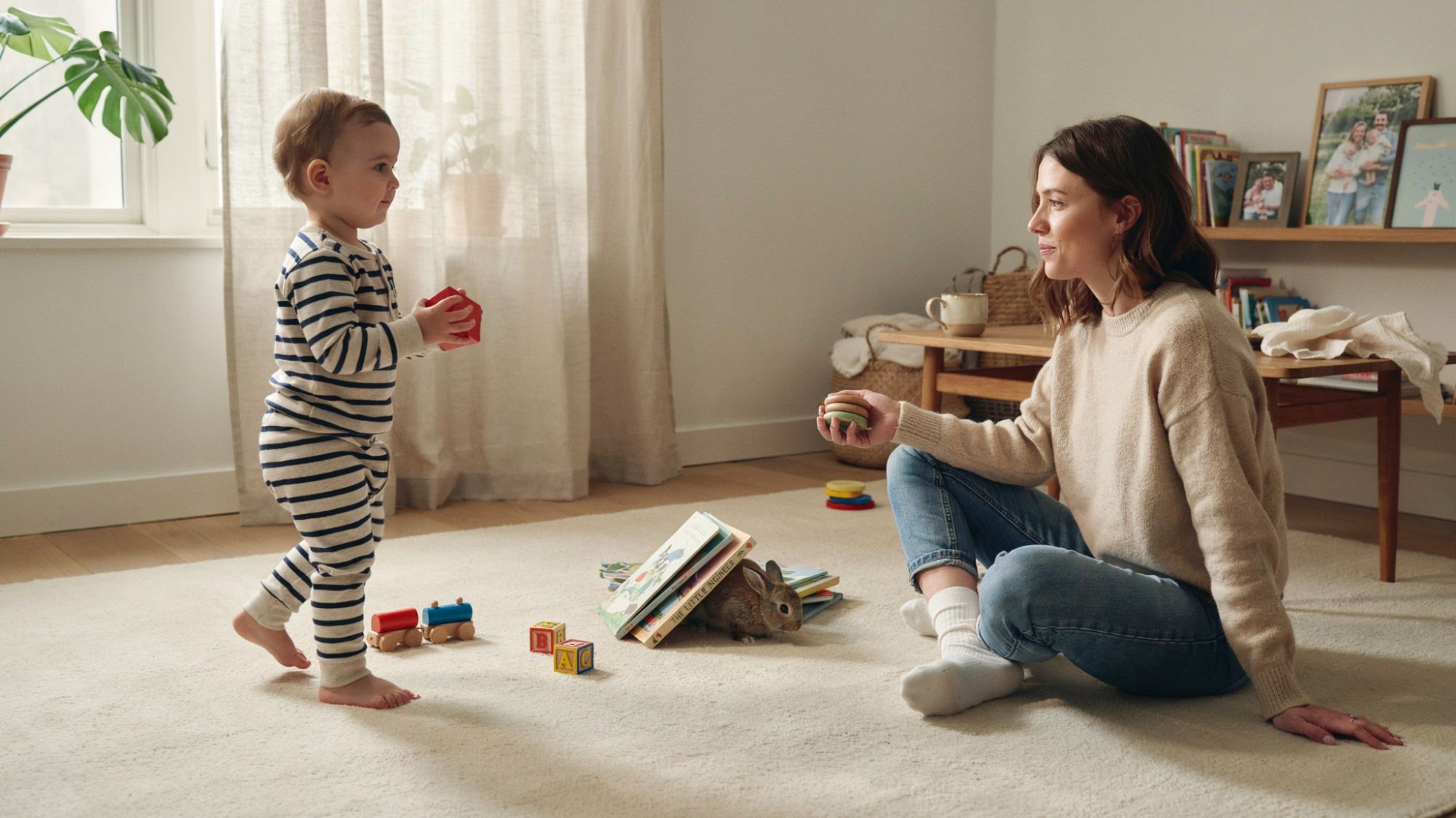 Toddler exploring while checking back with a parent.