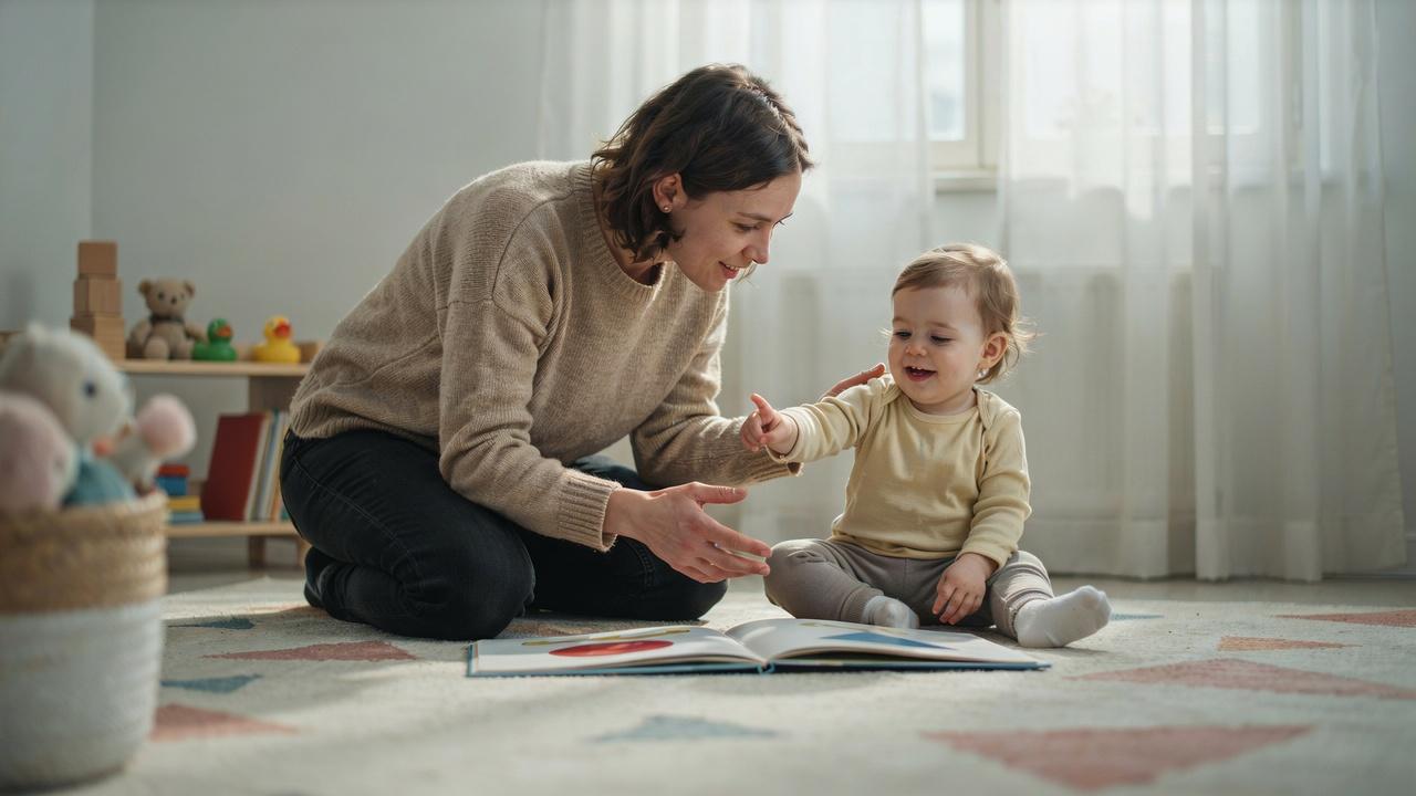 Parent practicing speech skills with a 20-month-old toddler at home