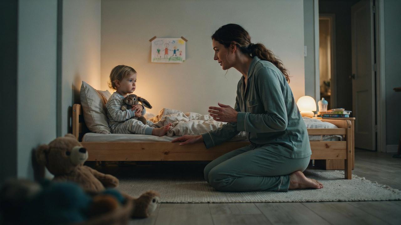 A parent kneeling calmly beside a toddler who is scared and holding a stuffed animal in a softly lit bedroom.