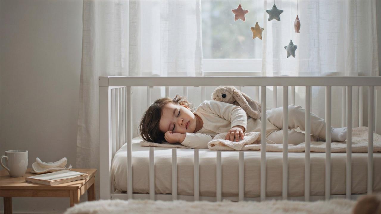 A toddler sleeping peacefully in a crib with soft light and a stuffed animal nearby.
