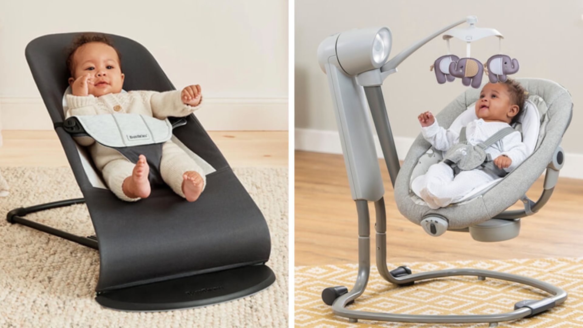 Split image: baby in cream knit in black bouncer on beige rug, and baby in white in gray electric swing with elephant mobile.