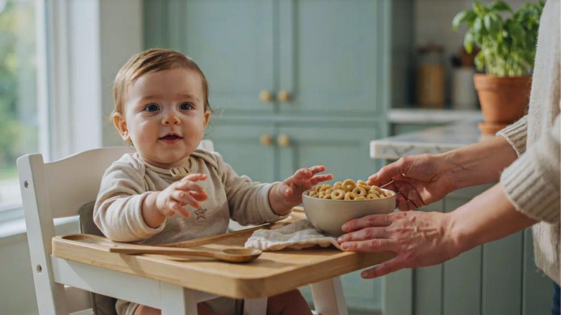 An infant with a bowl of cheerios