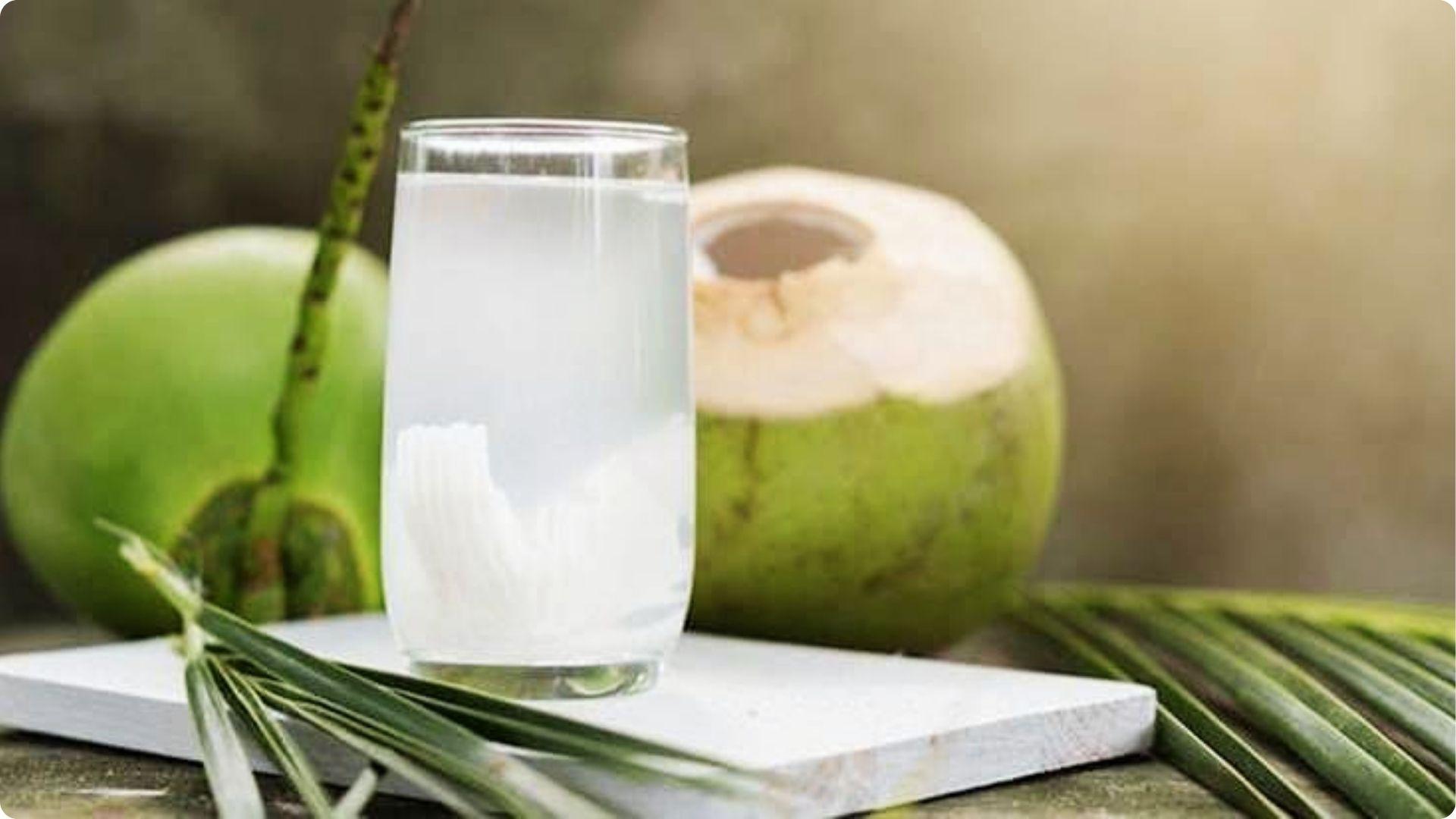Glass of fresh coconut water with green coconuts on table, natural drink for babies toddlers