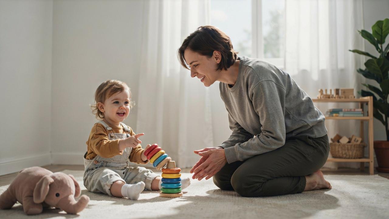 Twenty-month-old toddler talking while playing with a parent at home.