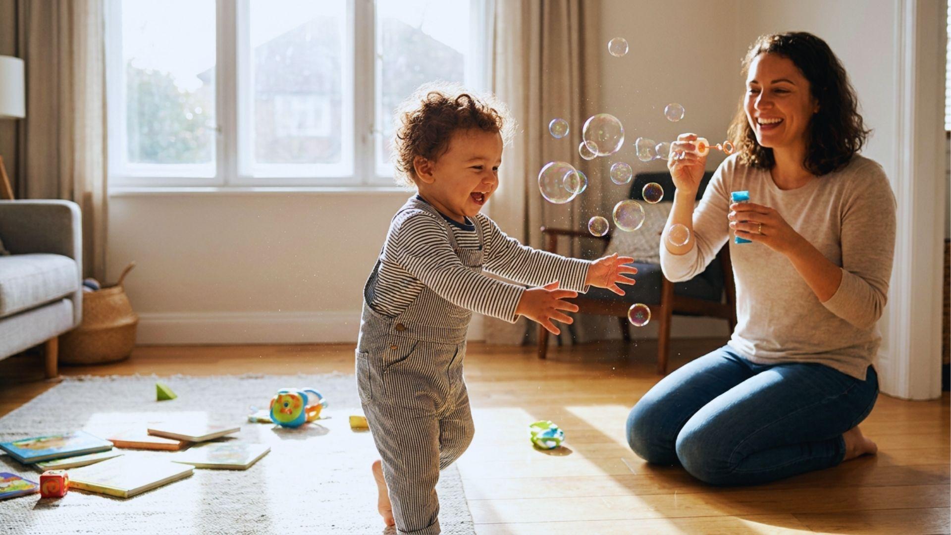 Happy toddler chasing floating bubbles during active indoor play.
