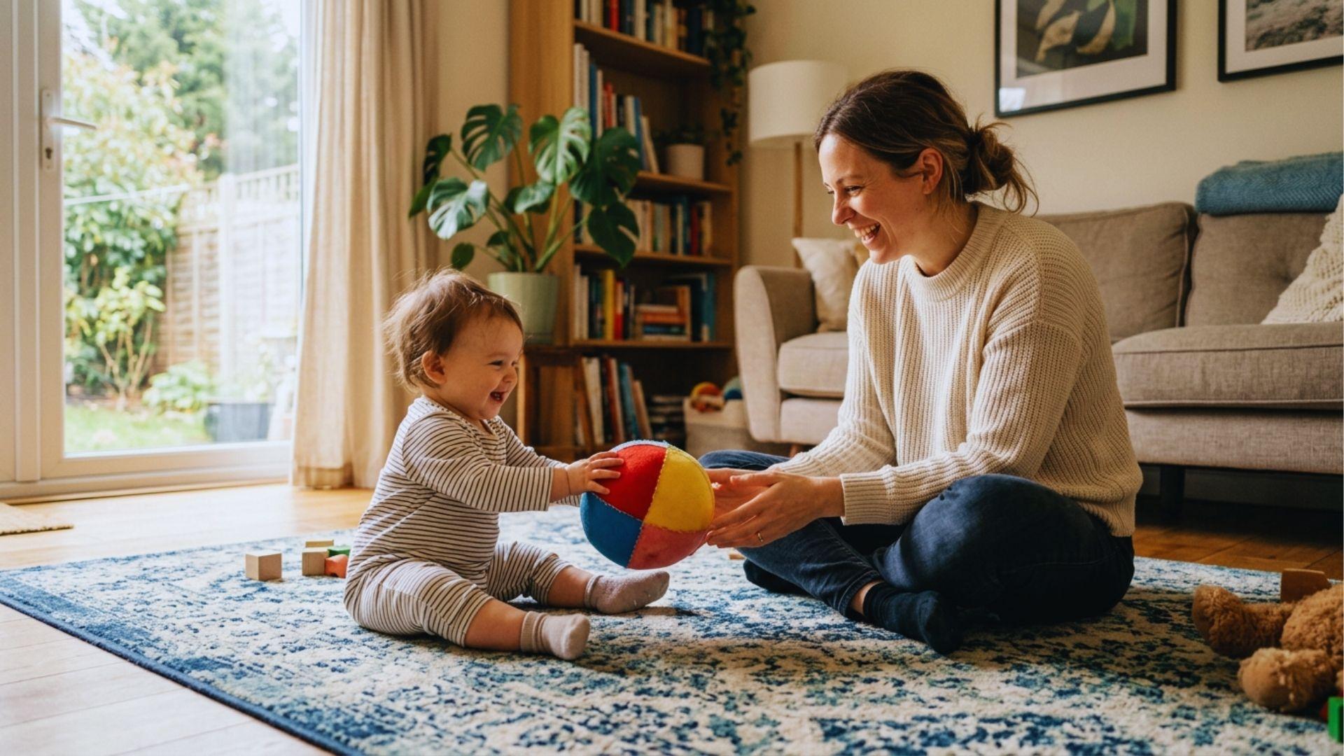 Parent rolling soft ball with smiling one-year-old toddler.