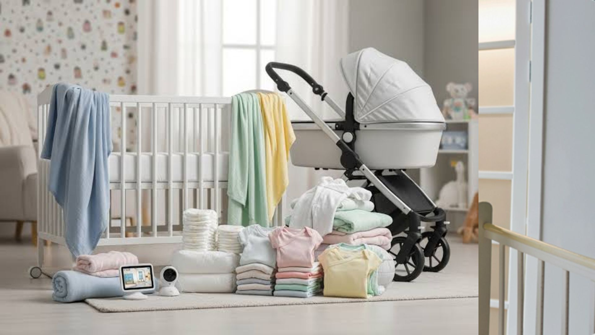 White nursery crib with blue blanket beside white baby stroller, stacks of pastel baby clothes, diapers and video baby monitor on floor.
