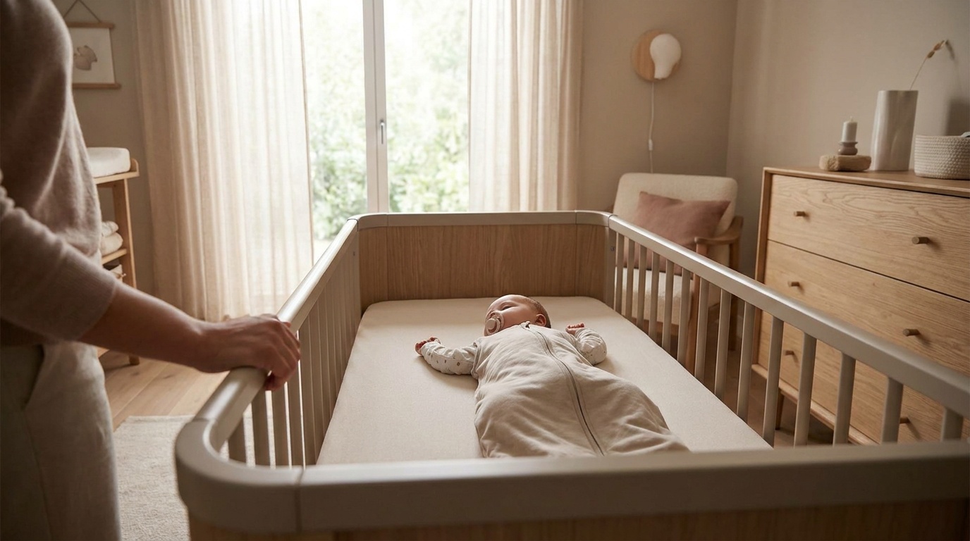 Baby sleeping safely with pacifier in a clean crib environment.