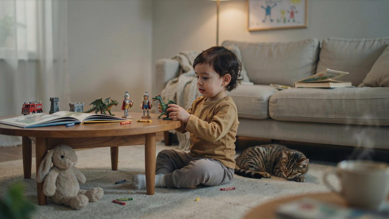 A toddler playing independently with toy figures and crayons on a living room floor near a cat.