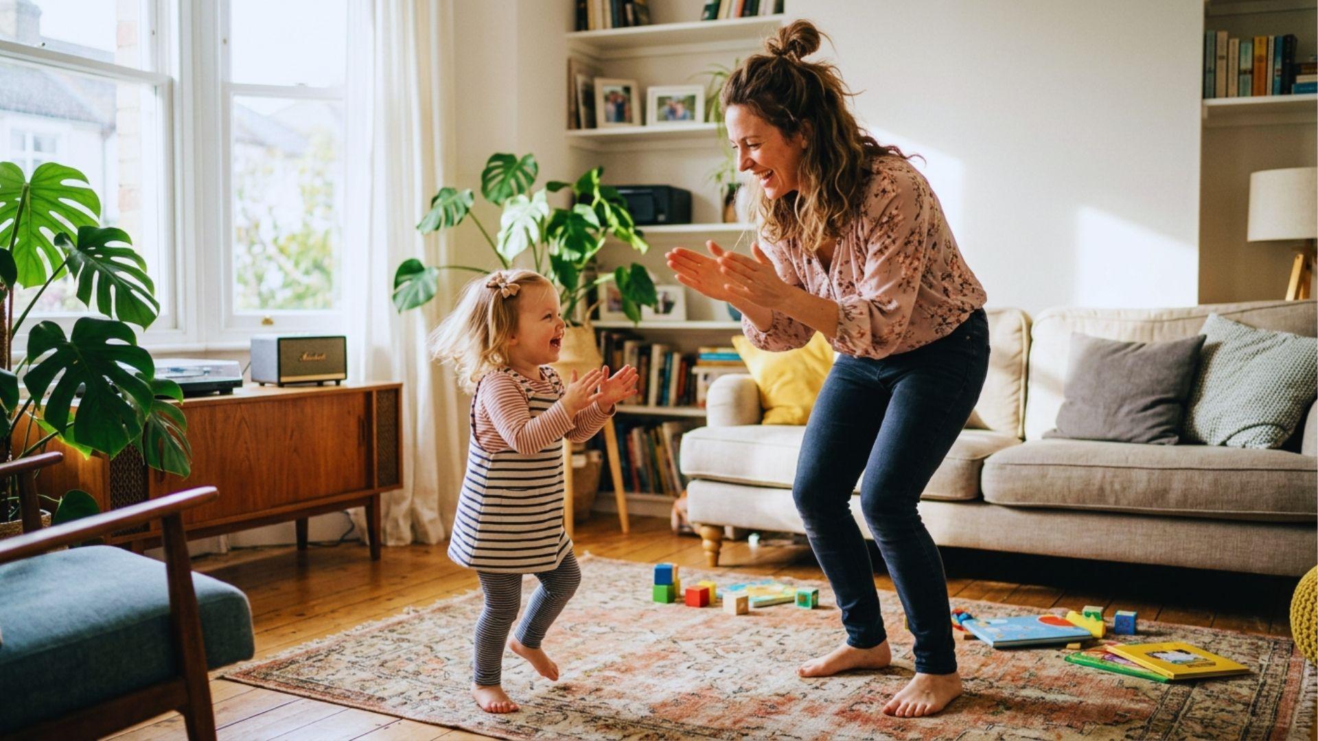 Parent and toddler dancing together with joyful expressions indoors.