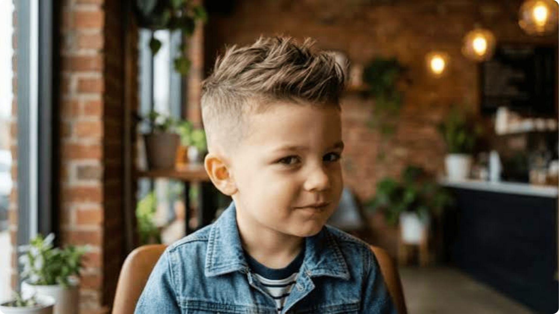 Toddler in denim jacket with spiky faux hawk and high skin fade, textured top, modern baby boy cut.