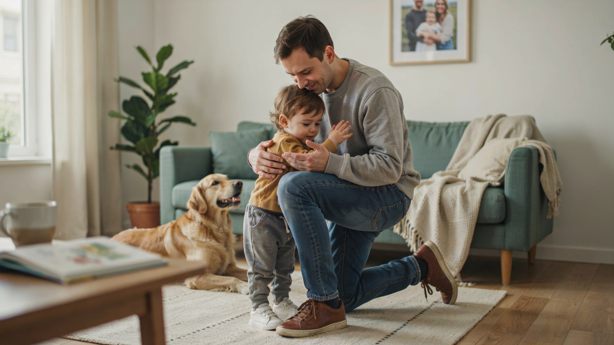 Toddler hugging a parent's leg for reassurance.