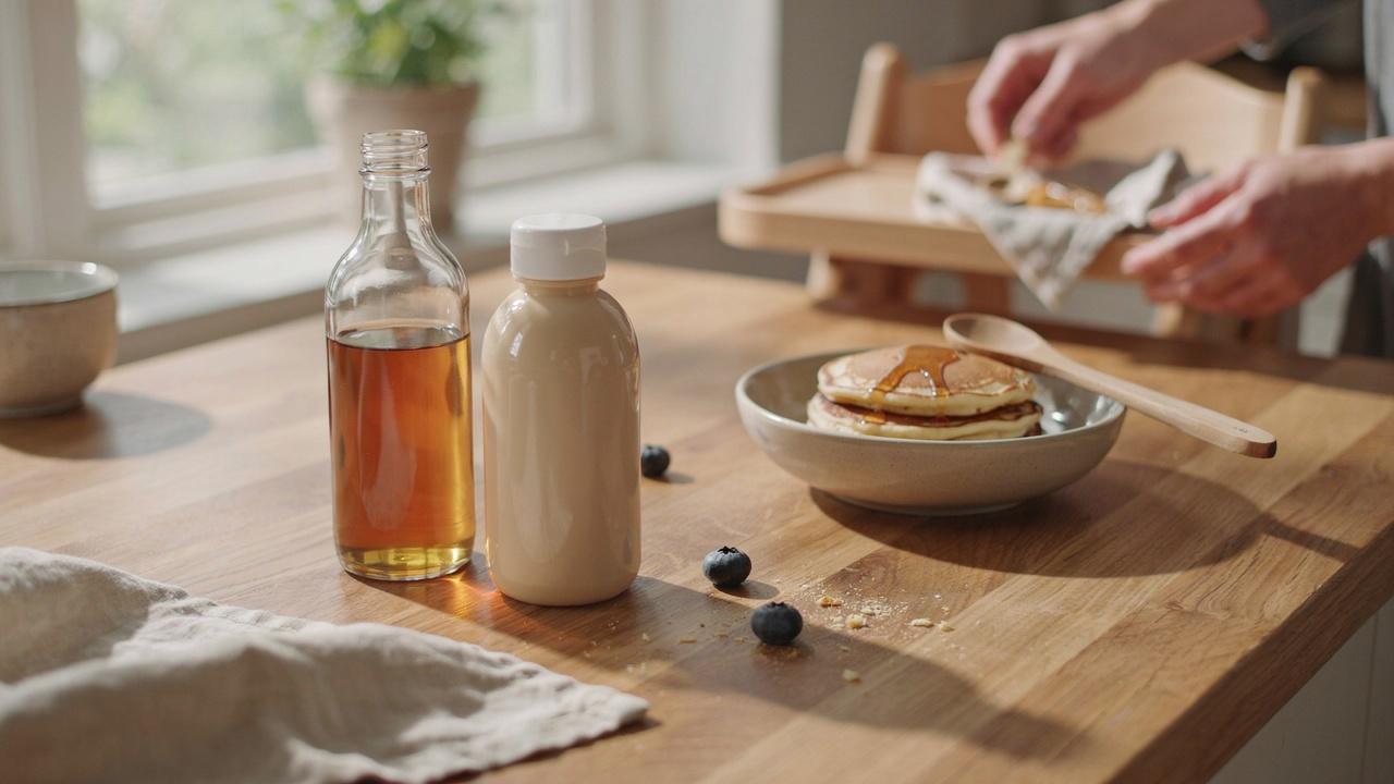 Comparing pure maple syrup with pancake syrup for baby food choices.