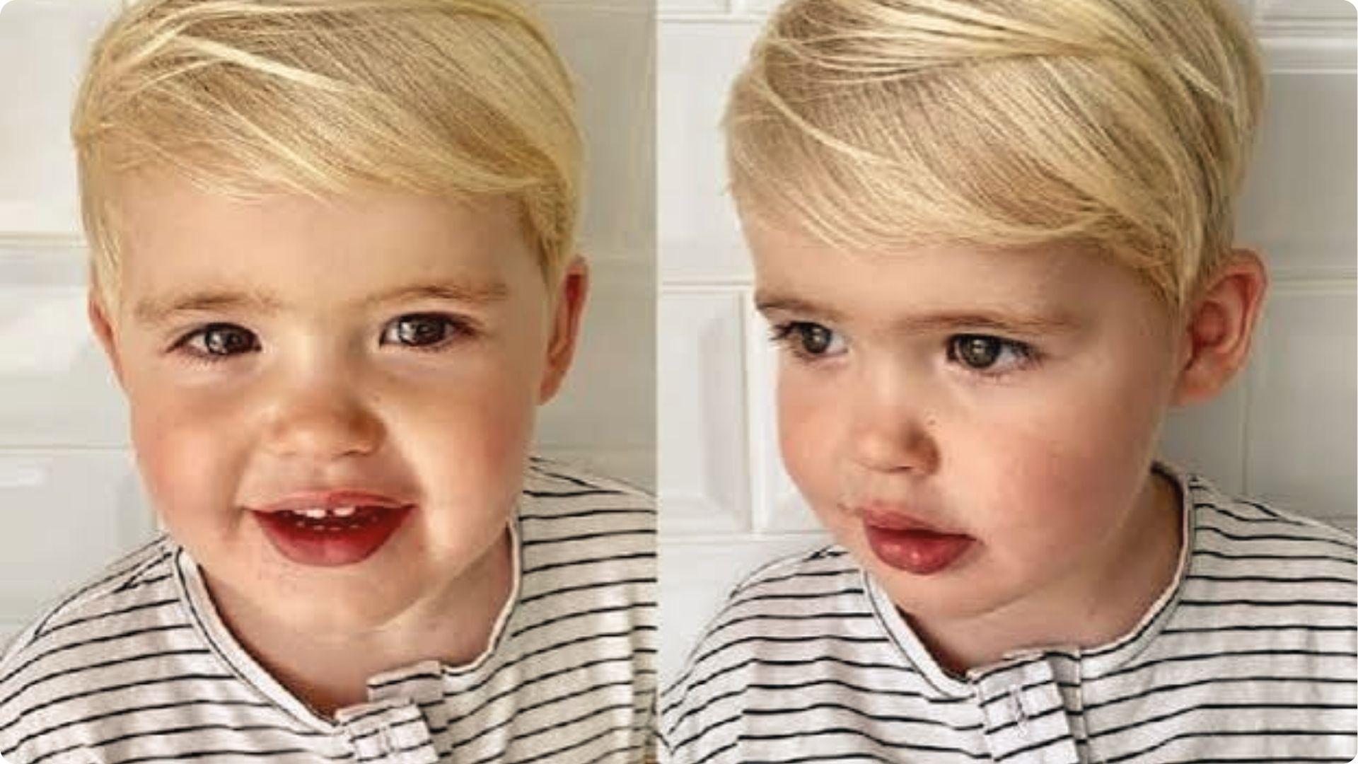Split image of toddler in striped t-shirt smiling towards the camera in modern baby boy cut.