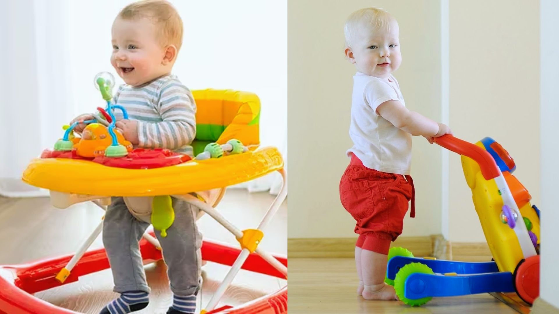 Two side-by-side photos of toddlers using colorful baby walkers indoors, one seated one pushing
