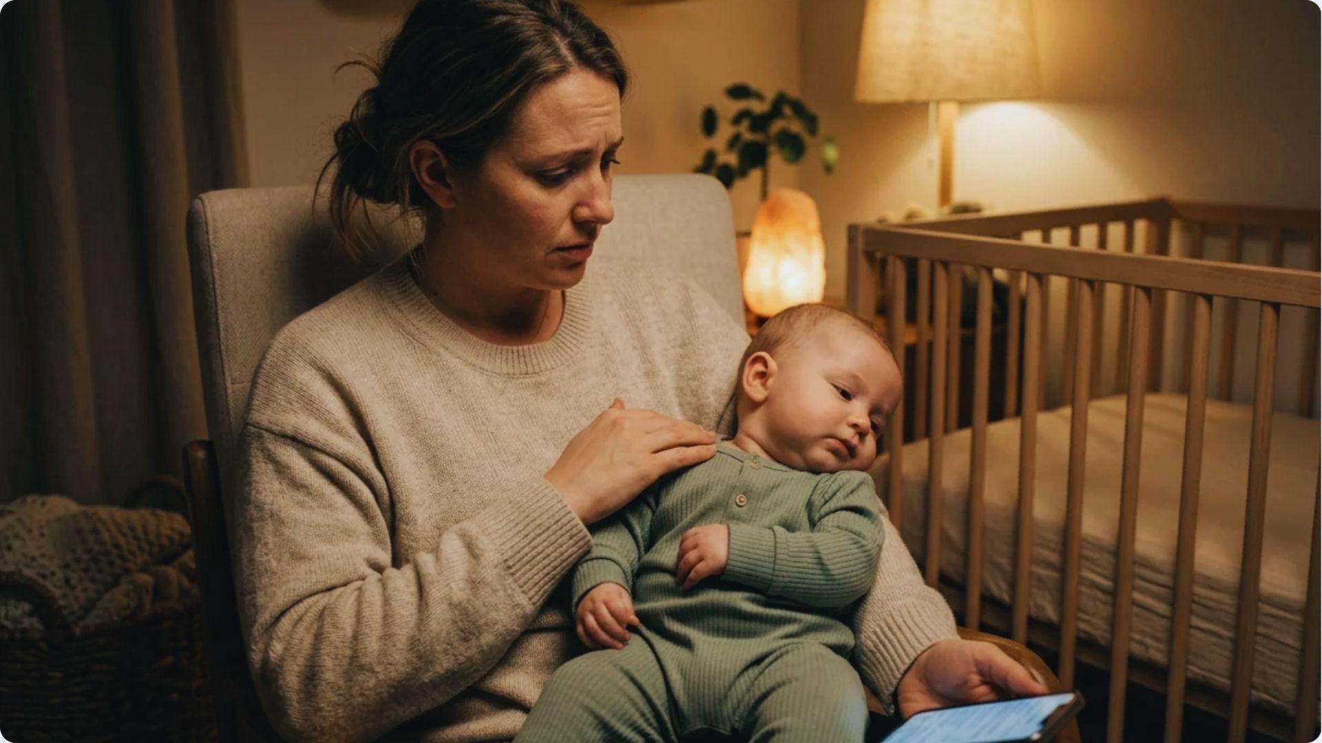 Tired mother holding sleepy baby in nursery while checking smartphone beside crib at night time.