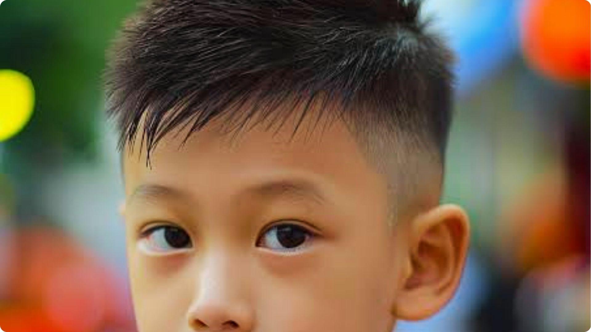 Toddler with spiky textured top and low fade with forward fringe, playful easy care baby boy haircut