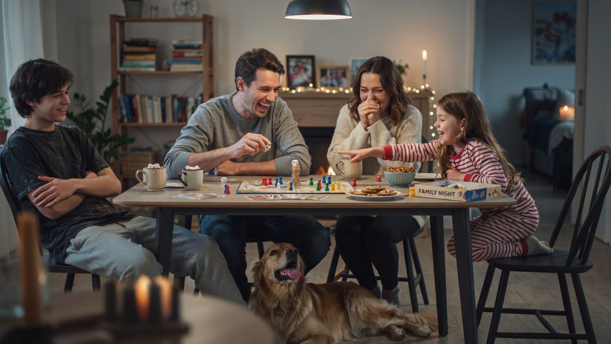 Family enjoying board games together as children grow older.