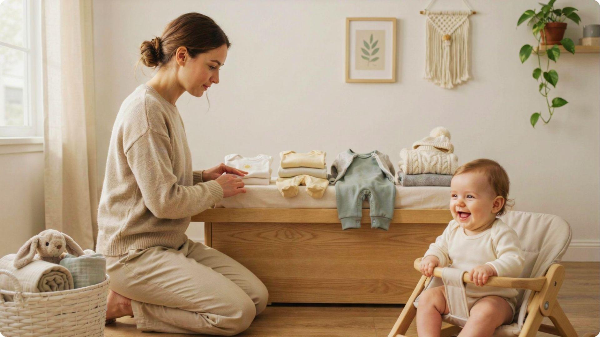 Woman folding baby clothes on a dresser with a smiling baby nearby.