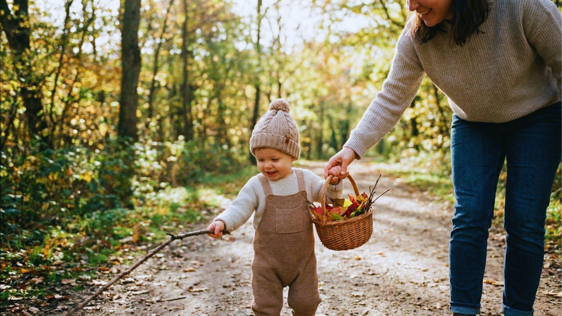 Toddler collecting leaves during outdoor nature walk with parent.