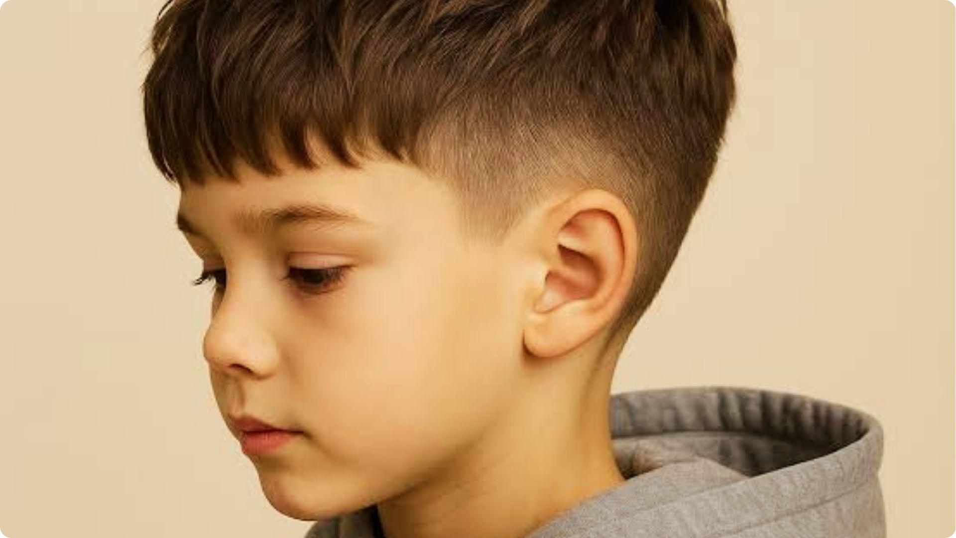 Toddler in hoodie with choppy French crop and high fade, neat front bangs, modern baby boy haircut.