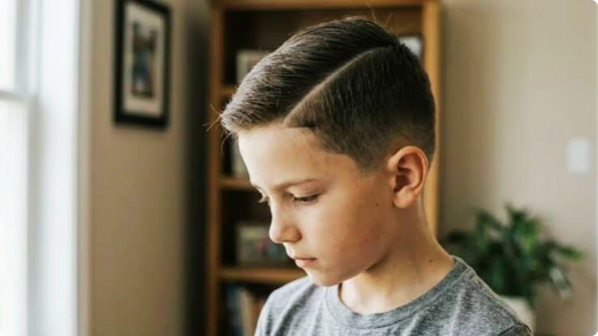 Toddler side-profile with sleek hard-part comb-over and tapered fade, soft natural light, neat style.