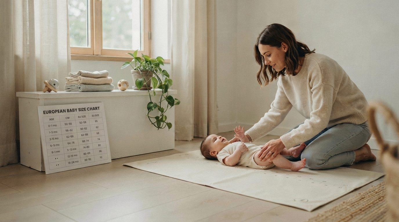 Parent measuring baby's height for European size 80 clothing.