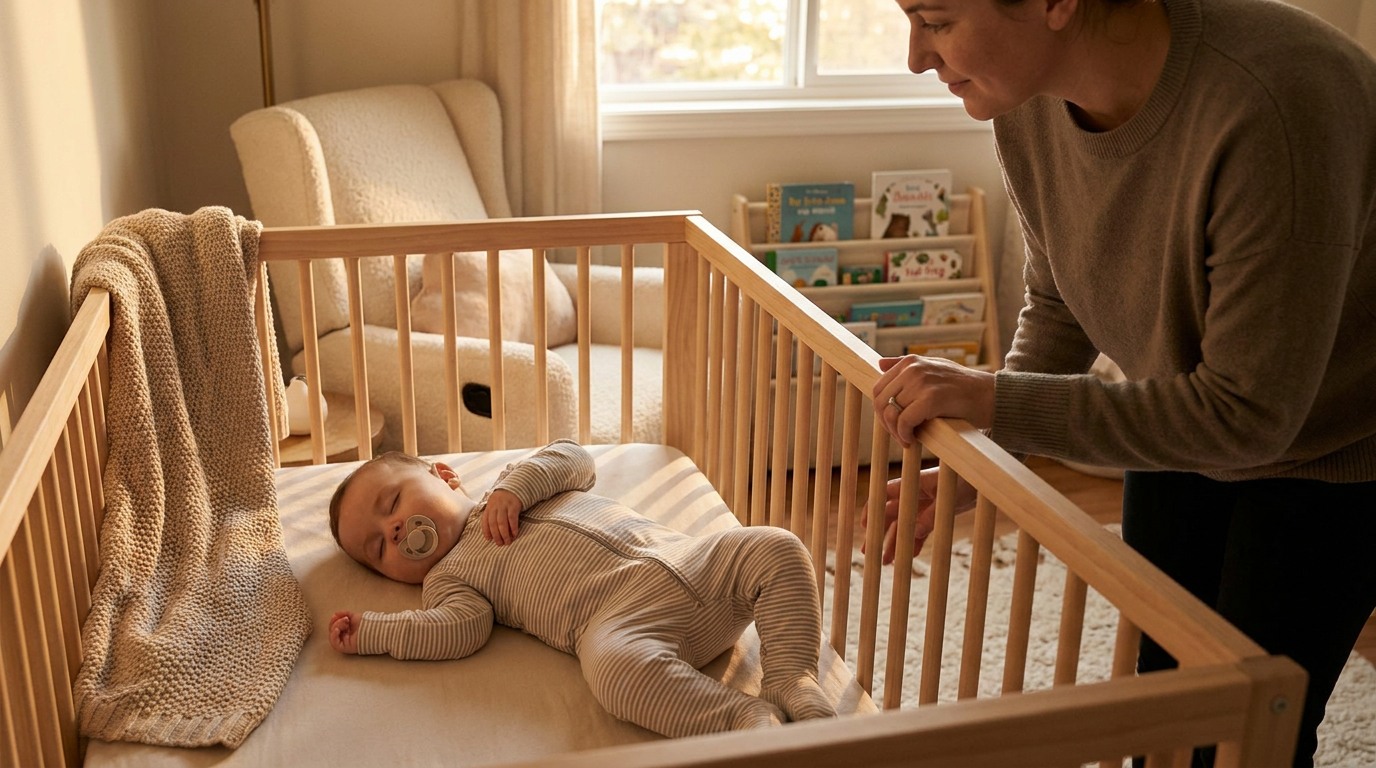 Sleeping baby with pacifier resting safely during a calm bedtime routine.