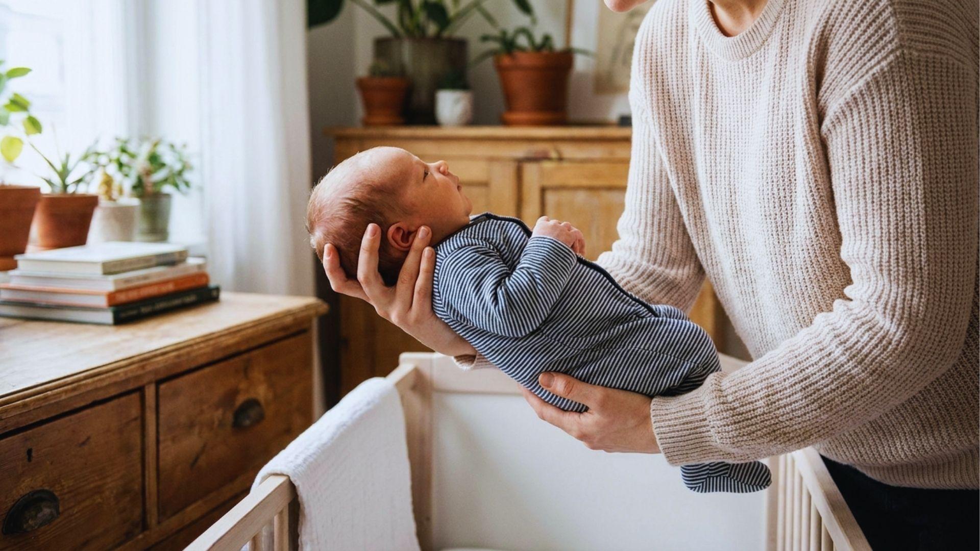 Parent demonstrating correct newborn lifting and support technique.