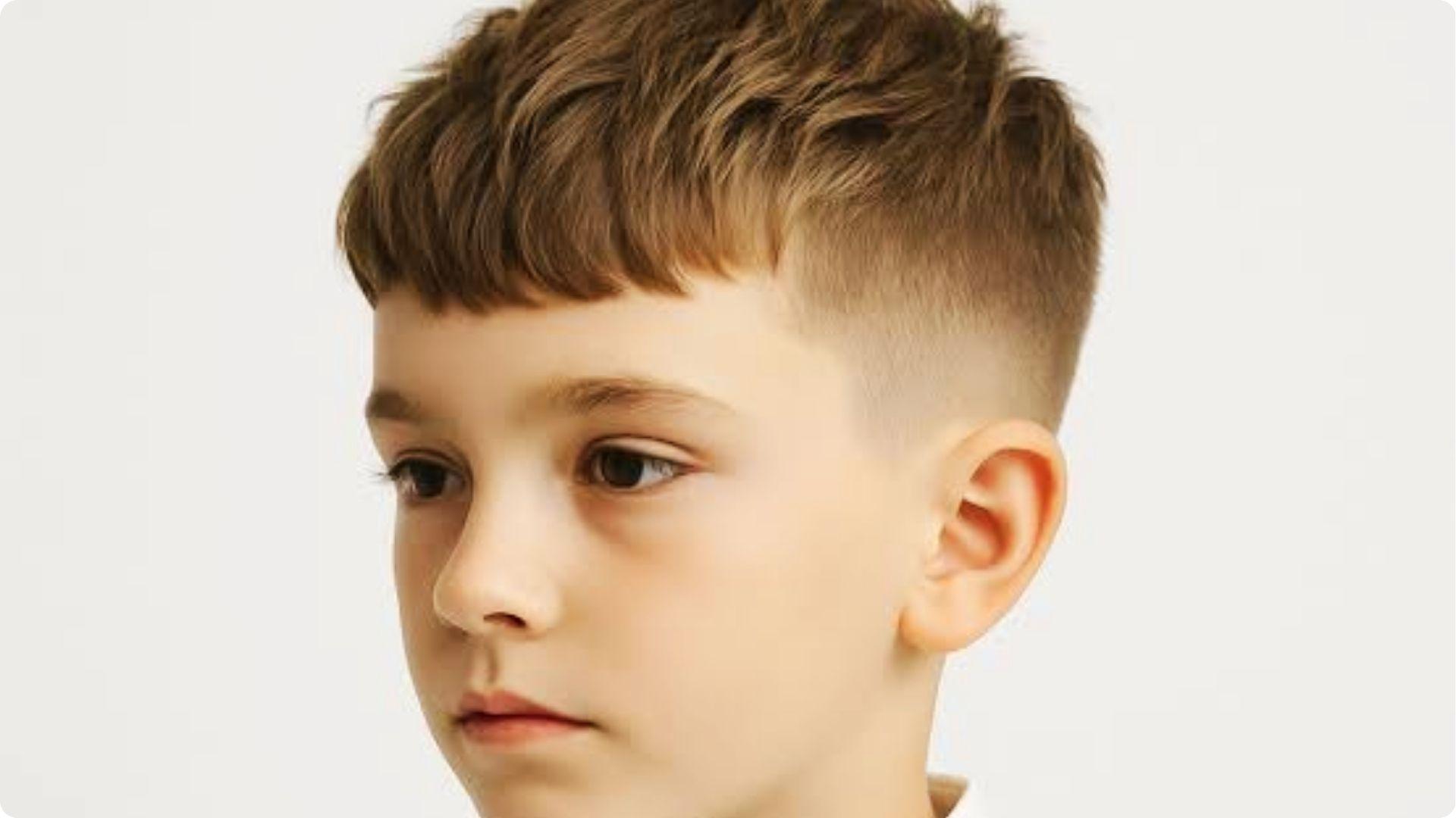 Happy toddler in barber cape with wavy messy top and tapered sides, getting stylish baby boy haircut.