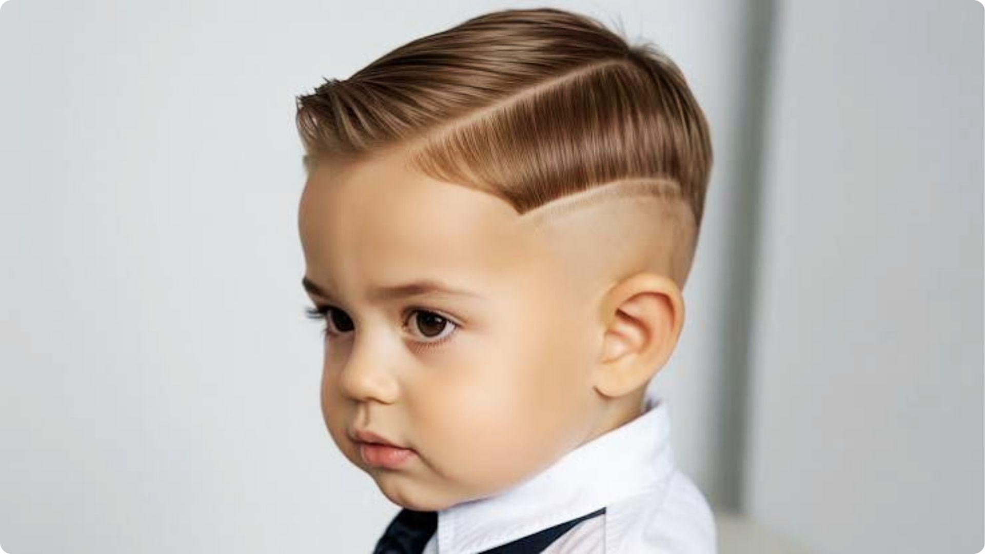 Toddler with slick hard part side-part and high skin fade with design line, formal baby boy haircut