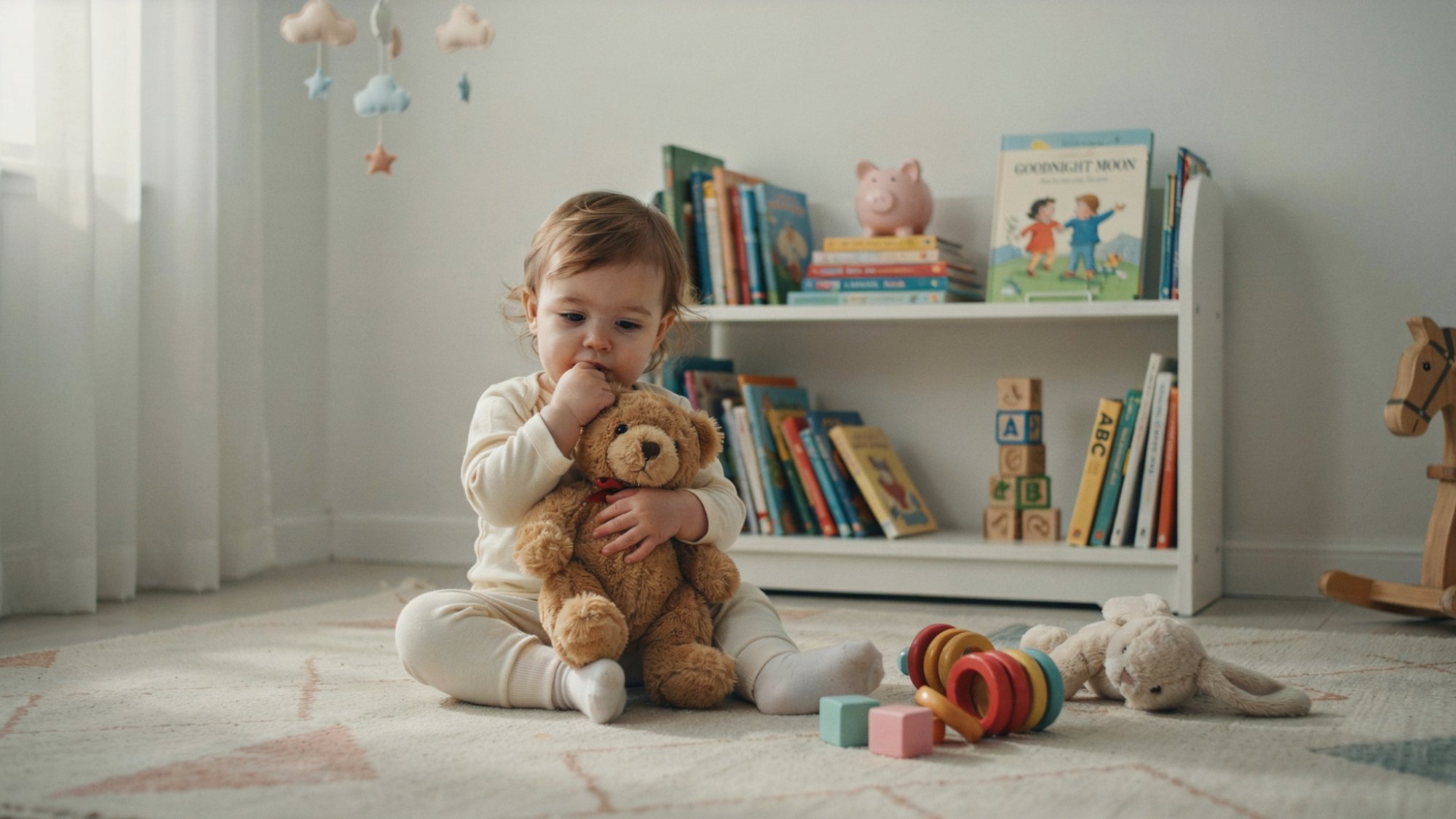 Toddler calmly sucking thumb while holding a teddy bear.