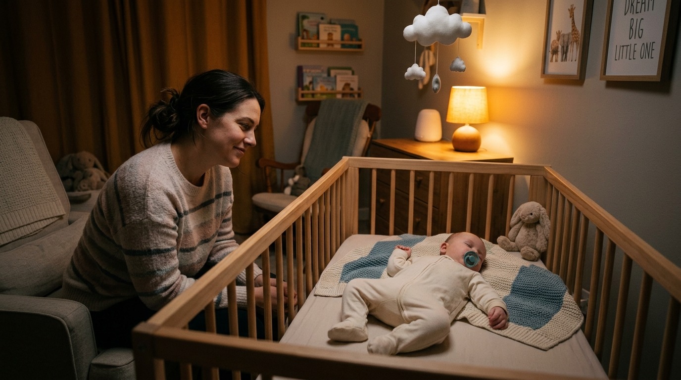 Parent monitoring baby after falling asleep with a pacifier.