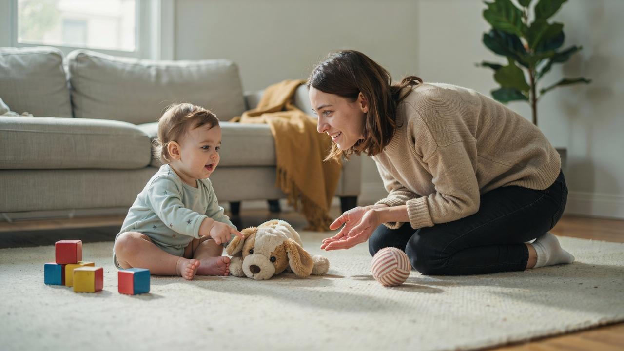 Parent encouraging a toddler to communicate using words, sounds, and gestures.