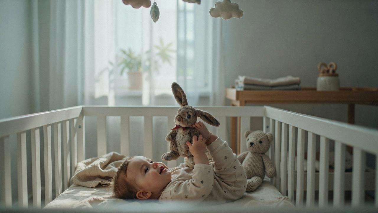 A toddler lying wide awake in a crib during nap time playing with a stuffed animal.