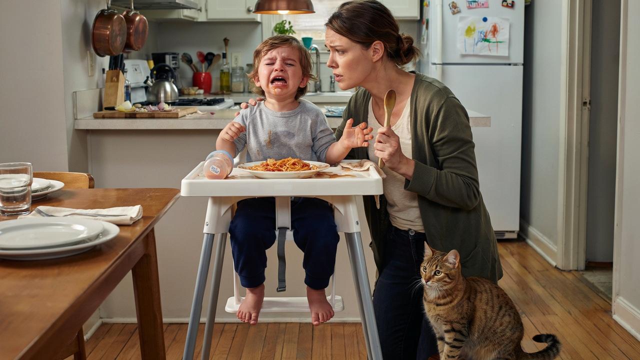 An overtired toddler crying in a high chair at dinner time while a concerned parent sits nearby.