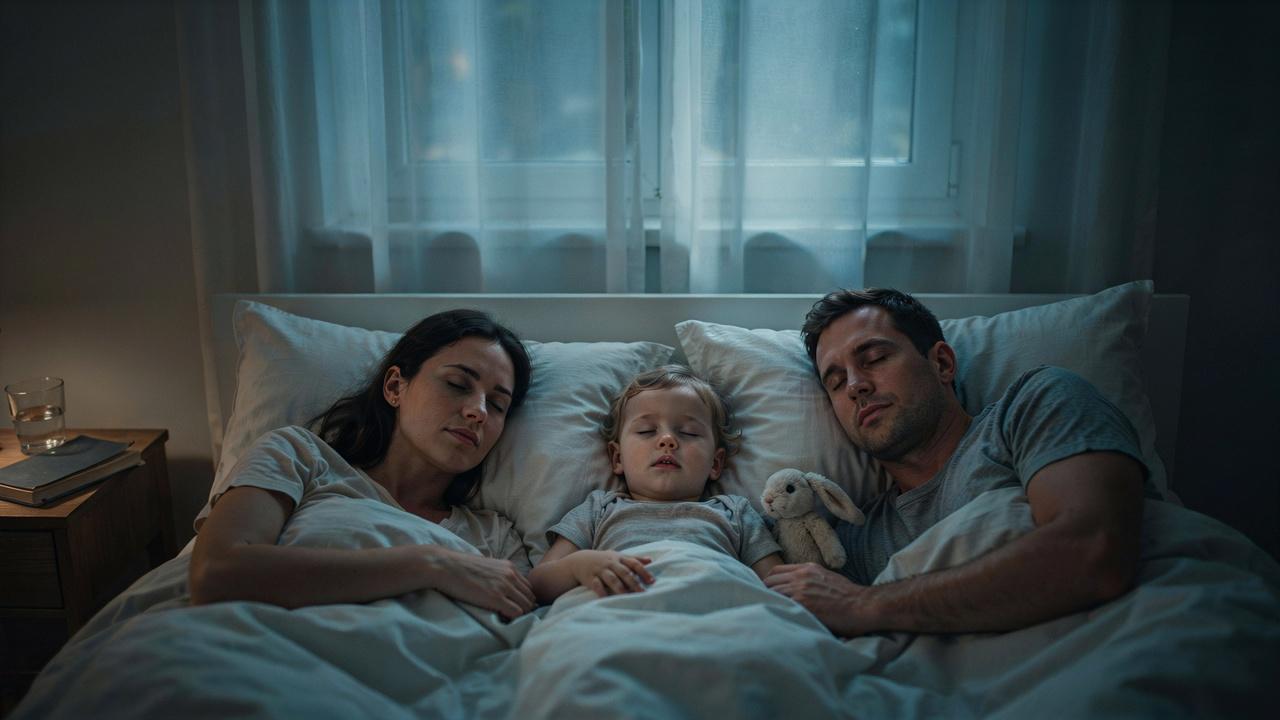Two parents sleeping beside a toddler holding a stuffed rabbit in a dimly lit bedroom at night.