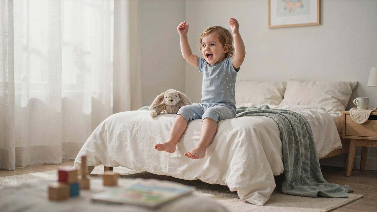 A calm toddler waking up from a nap in a bright bedroom stretching and smiling softly.