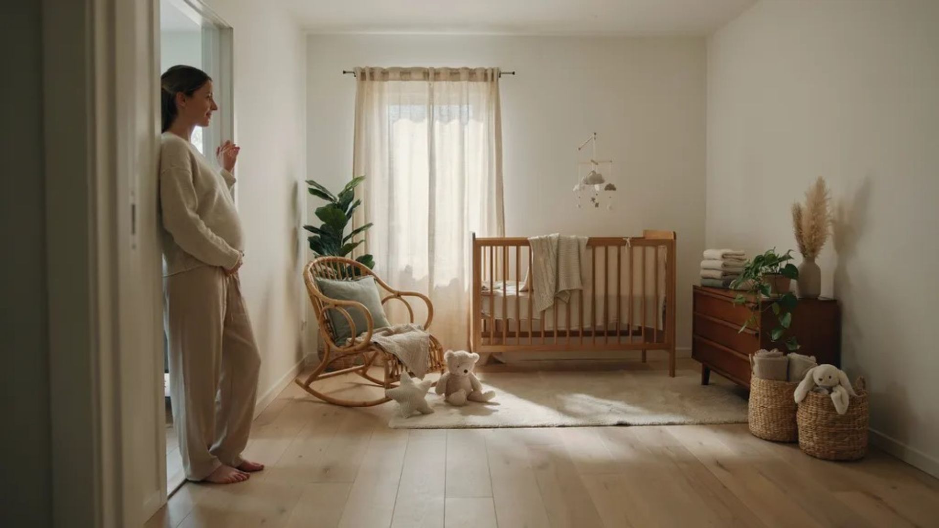 Pregnant woman in beige loungewear leaning in doorway smiling at minimal nursery with wooden crib, rattan rocking chair and teddy bear.