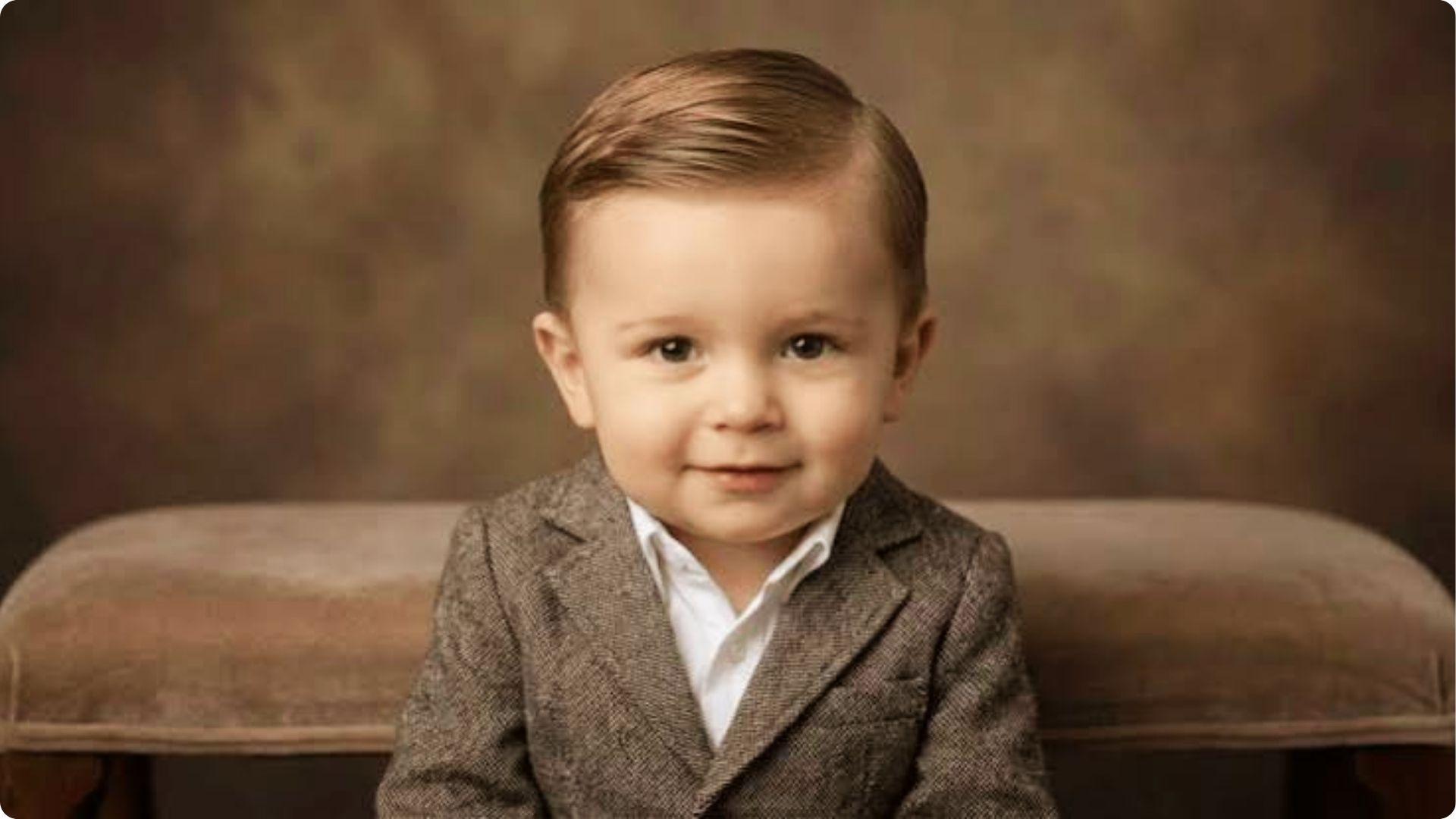 Baby boy in tweed blazer with sleek side-combed short hair, vintage studio portrait, formal haircut.