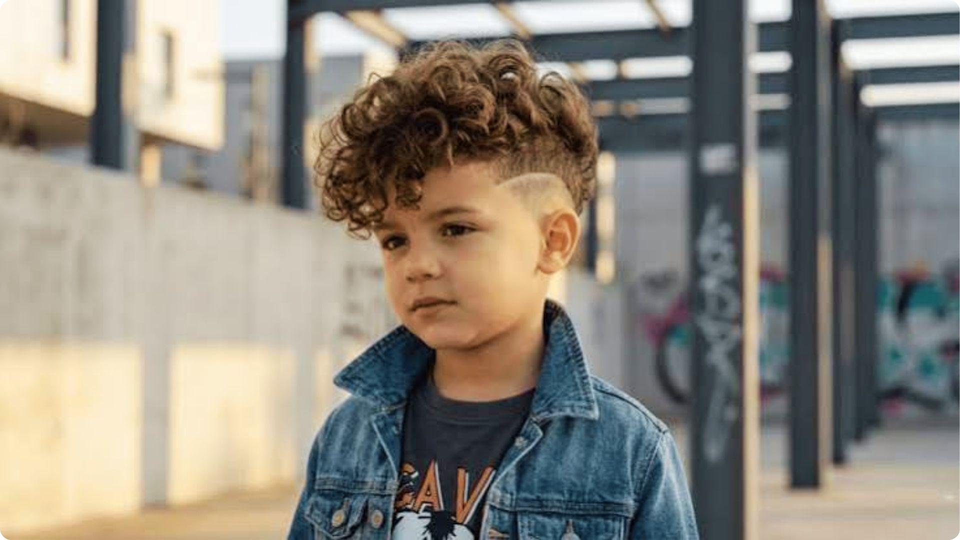 Toddler with curly top and sharp lineup with low taper fade, tight curls on top, baby boy haircut.