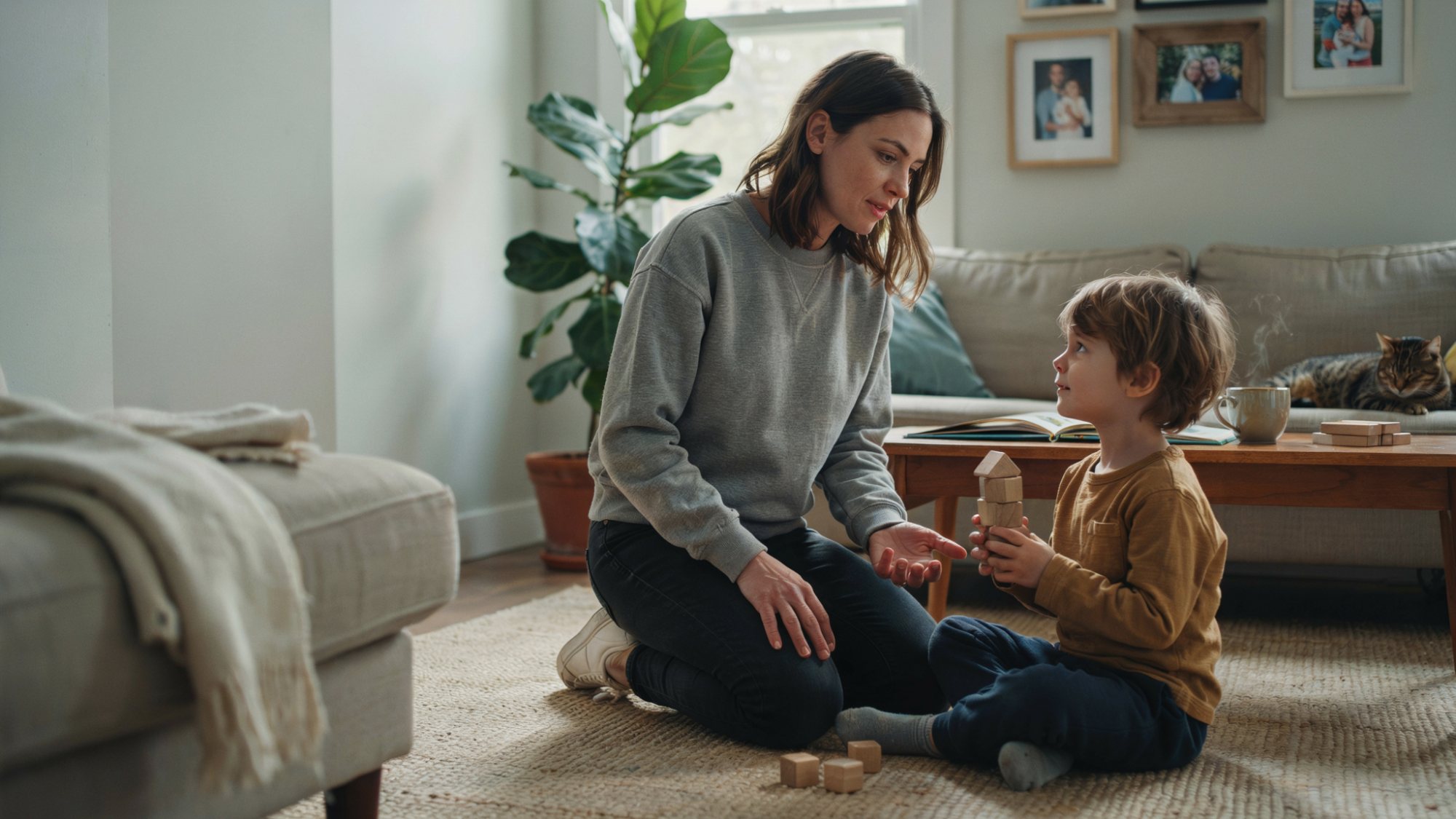 Parent gently talking with child instead of punishing.