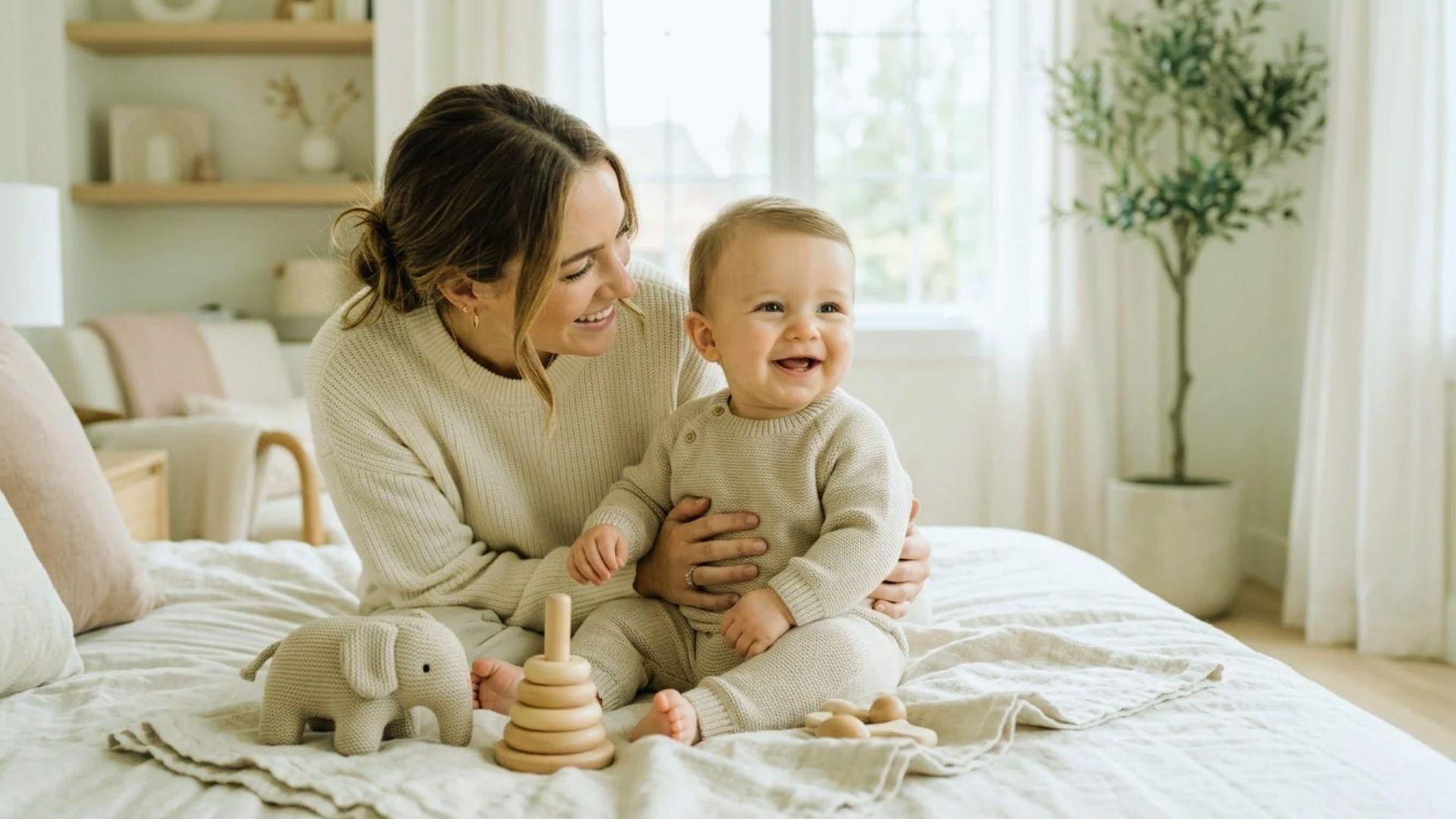 Happy mother and baby boy playing on bed in cozy bedroom with wooden toys and knitted elephant