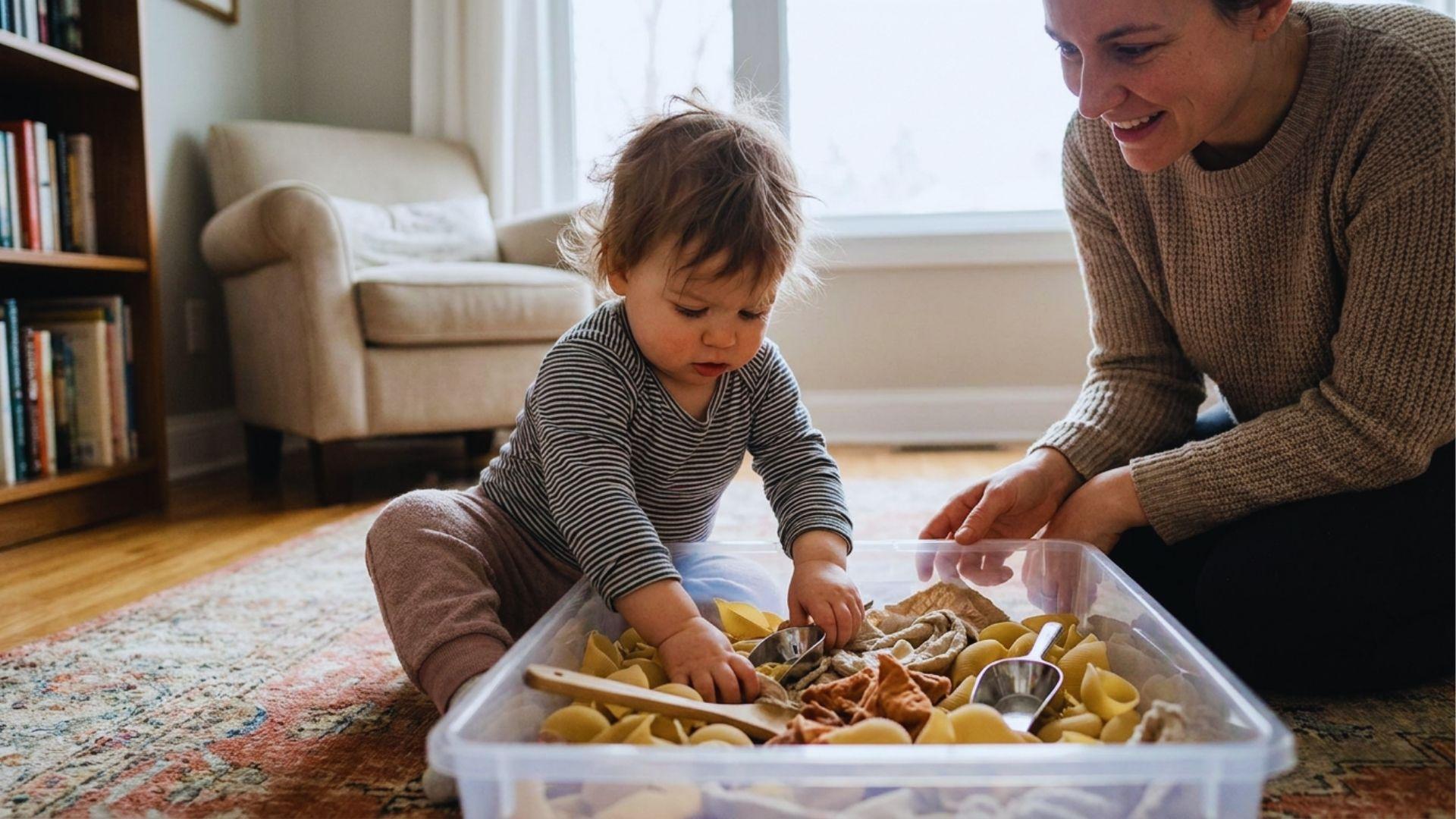 Toddler exploring sensory bin with safe household materials and supervision.