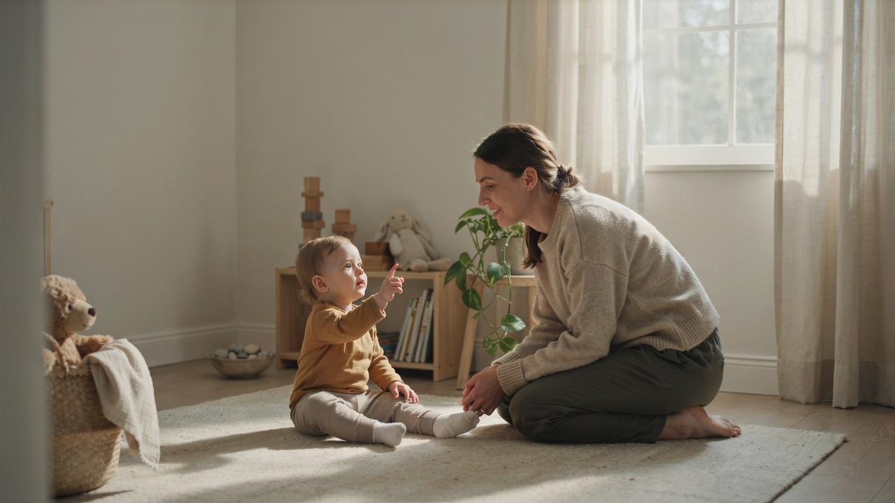 Toddler communicating with a parent during healthy speech development.